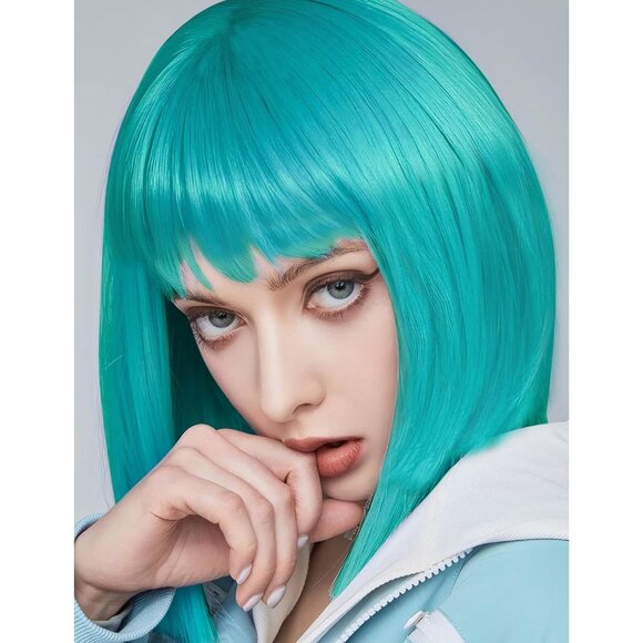 Women's Turquoise 12 Inch Costume Cosplay Party Short Bob Wigs And Sunglass - Picture 2 of 7